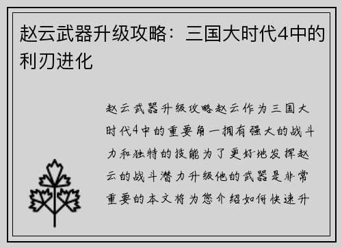 赵云武器升级攻略：三国大时代4中的利刃进化